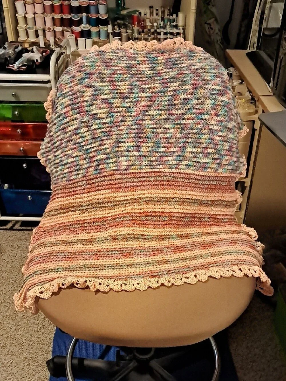 Handmade Multicolor Knit Baby Blanket with Peach Trim